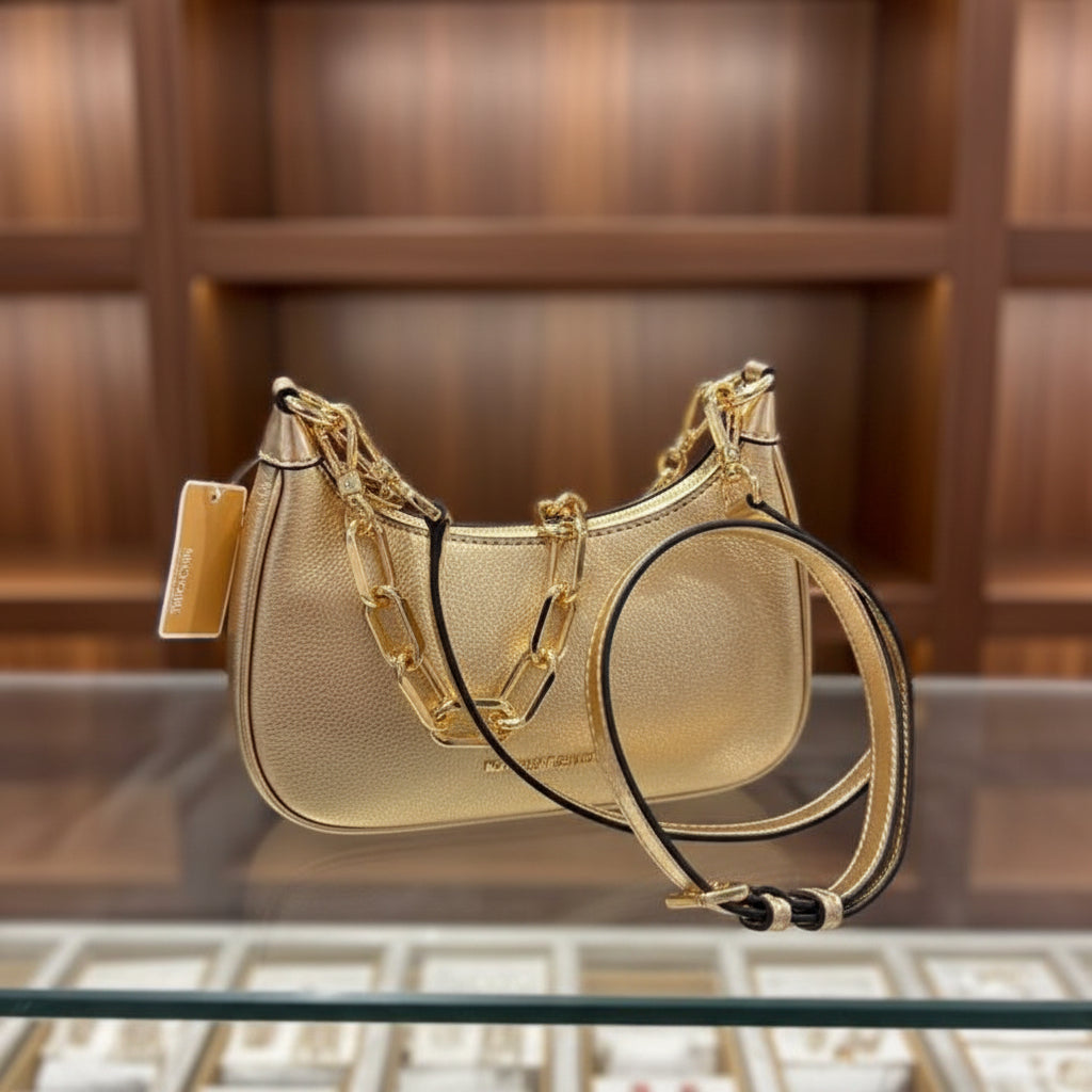 MICHAEL KORS MINI CORA CHAIN SHOULDER BAG/CROSBODY BAG - METTALIC PEBBLE GOLD