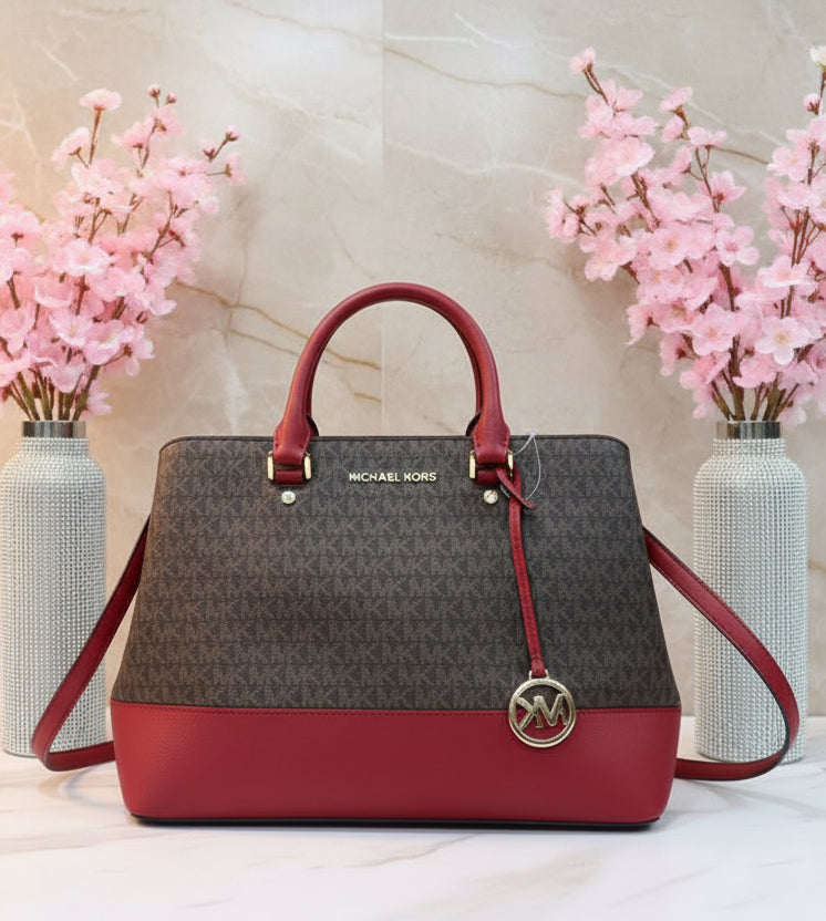 MICHAEL KORS SAVANNAH LARGE SATCHEL IN SIGNATURE BROWN/RED - SCARLET