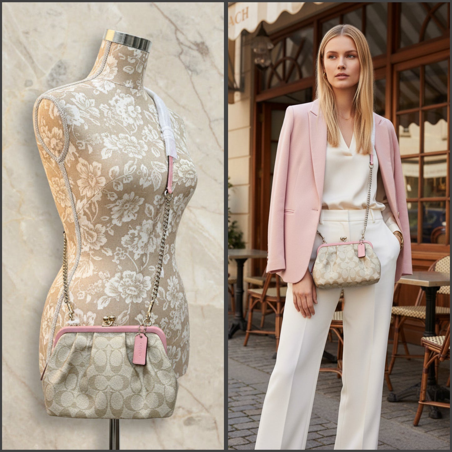 COACH NORA KISSLOCK CLUTCH/CROSSBODY IN SIGNATURE CHALK/IVORY/PINK