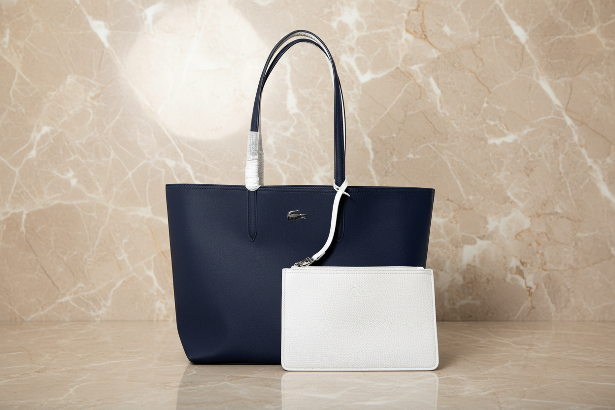 LACOSTE LARGE TOTE WITH LARGE POUCH - REVERSIBLE - NAVY BLUE
