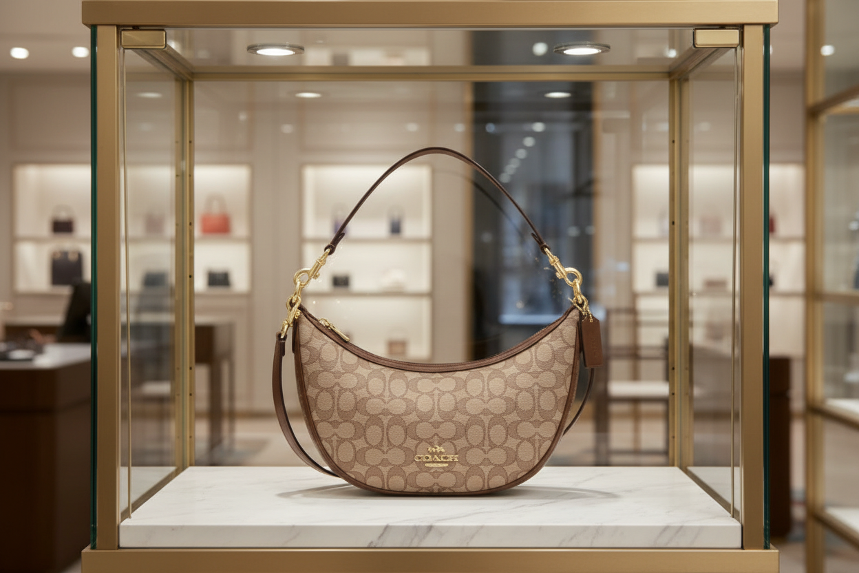 حقيبة كتف/حقيبة كروس بودي من كوتش آريا بنقشة جاكار مميزة باللون الكاكي