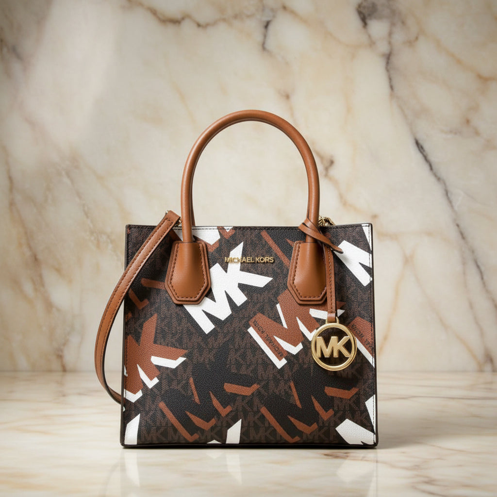 MICHAEL KORS MERCER MEDIUM MESSENGER BAG - LUGGAGE MULTI GRAPHIC LOGO