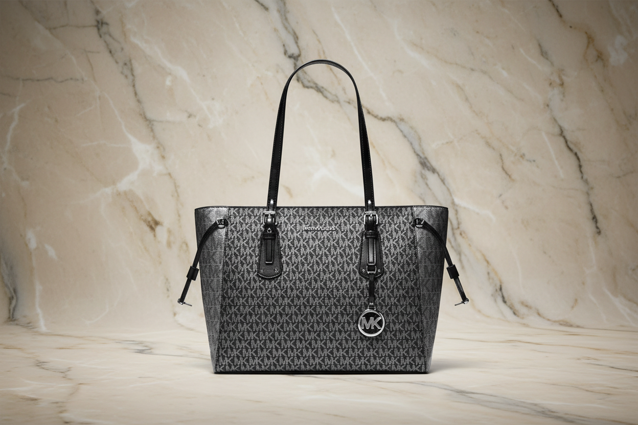 MICHAEL KORS VOYAGER 2 TONE METALLIC LOGO TOTE - MEDIUM