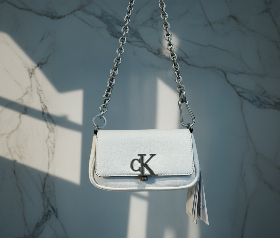CALVIN KLEIN CHAIN CROSSBODY BAG - SILVER BIRCH