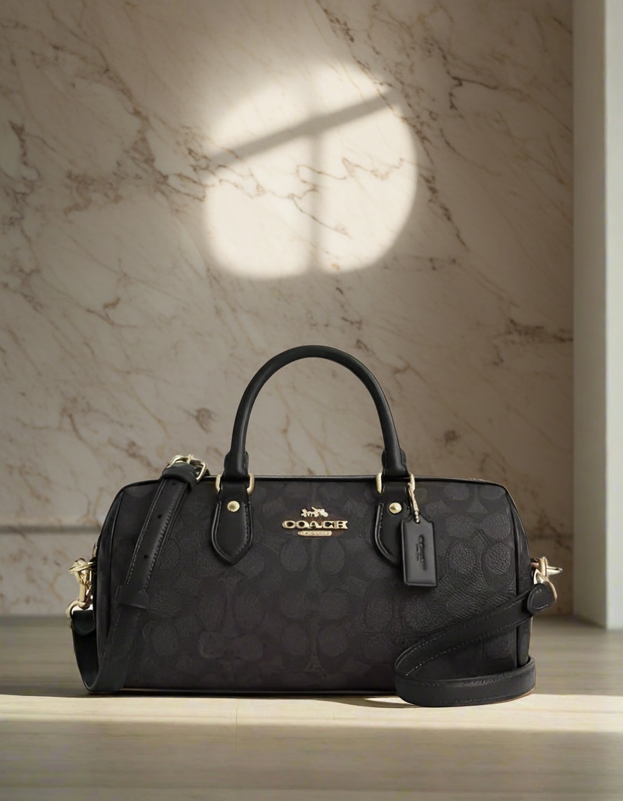 حقيبة كوتش متوسطة الحجم طويلة من قماش الروان - لون الجوز الأسود