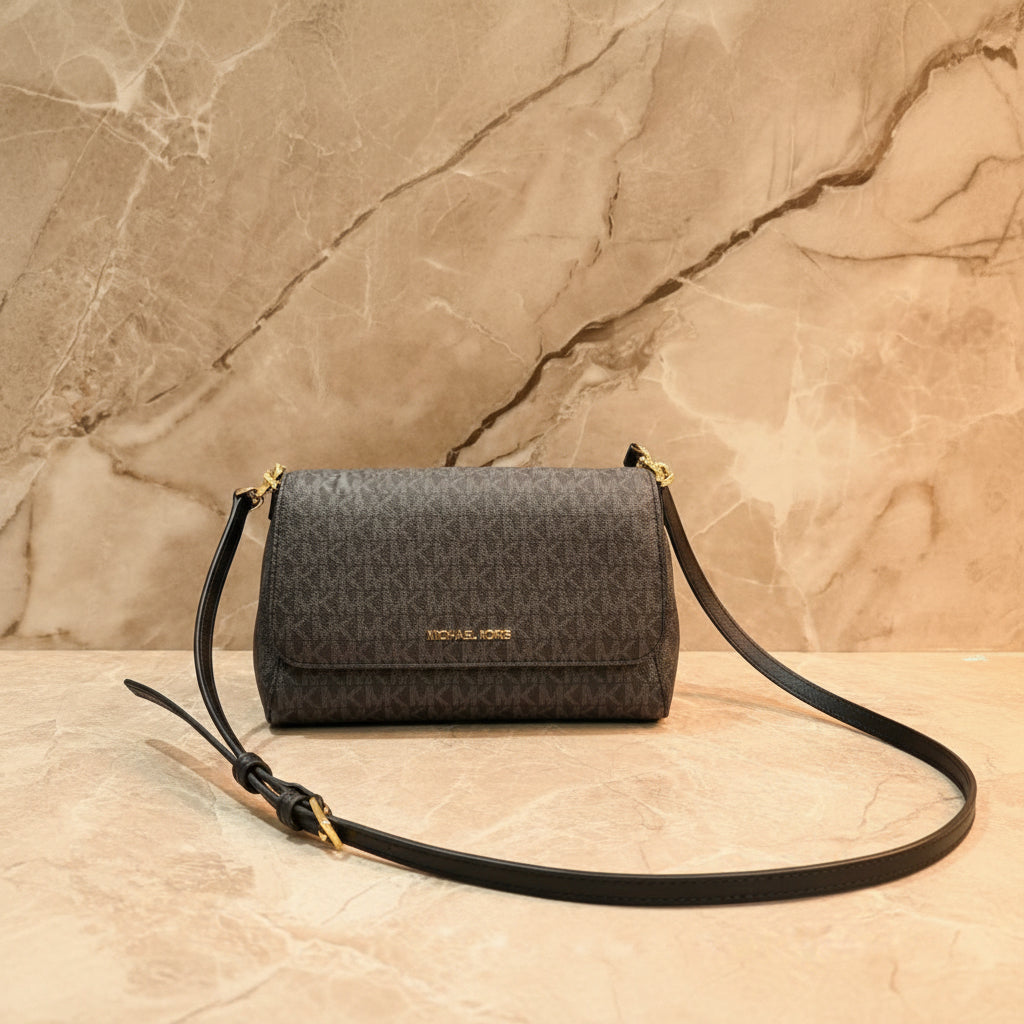 MICHAEL KORS LOGO FLAP CROSSBODY - MONOGRAM BLACK COLOR