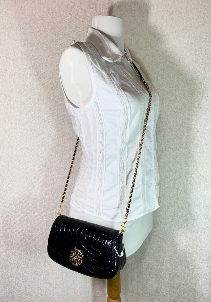 SALE! MISSING 1 BUTTON ON SHOULDER STRAP - TORY BURCH EMBOSSED CROC BRITTEN CONVERTIBLE SHOULDER BAG/XBODY BAG - BLACK
