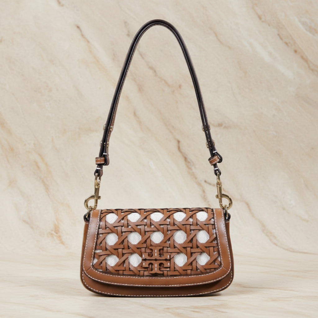 TORY BURCH BRITTEN  BASKET WEAVE CONVERTIBLE CRISSBODY/SHOULDER BAG - MOOSE COLOR