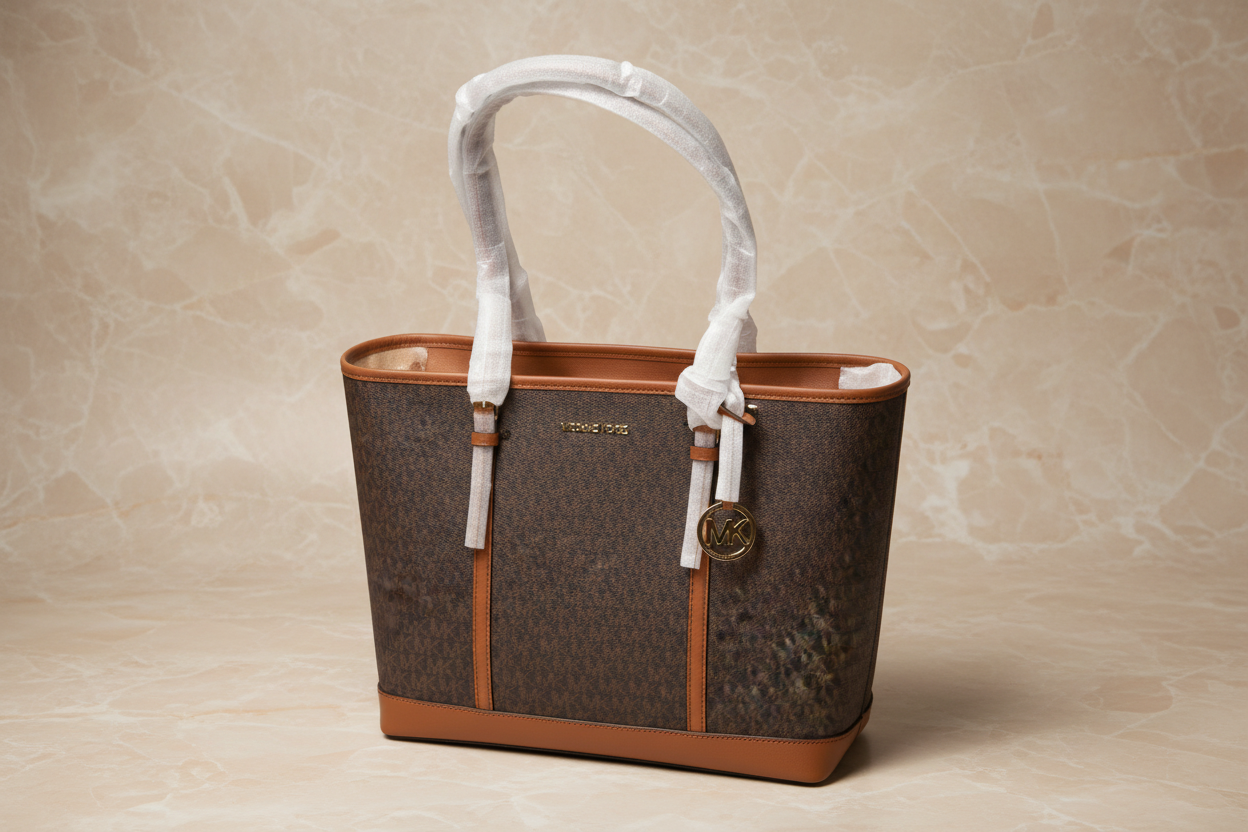 MICHAEL KORS JET SET TRAVEL ZIP TOTE IN SIGNATURE LOGO BROWN - MEDIUM
