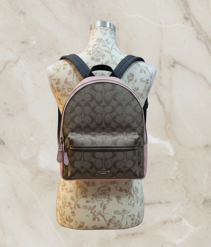 COACH CHARLIE MEDIUM BACKPACK - SIGNATURE BROWN/PINK