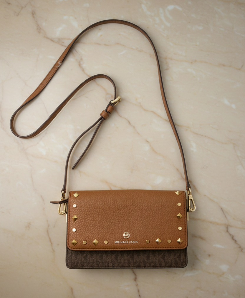 MICHAEL KORS Jet Set Small Studded Faux Leather & Logo Smartphone Crossbody Bag - SALE ‼️ With slight bumped in front ( From Boutique Store )