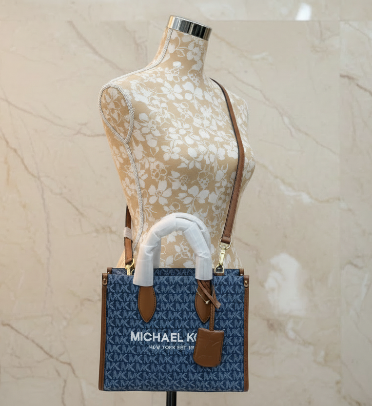 MICHAEL KORS MIRELLA SMALL SHOPPER TOP ZIP CROSSBODY BAG - DENIM MULTI LOGO