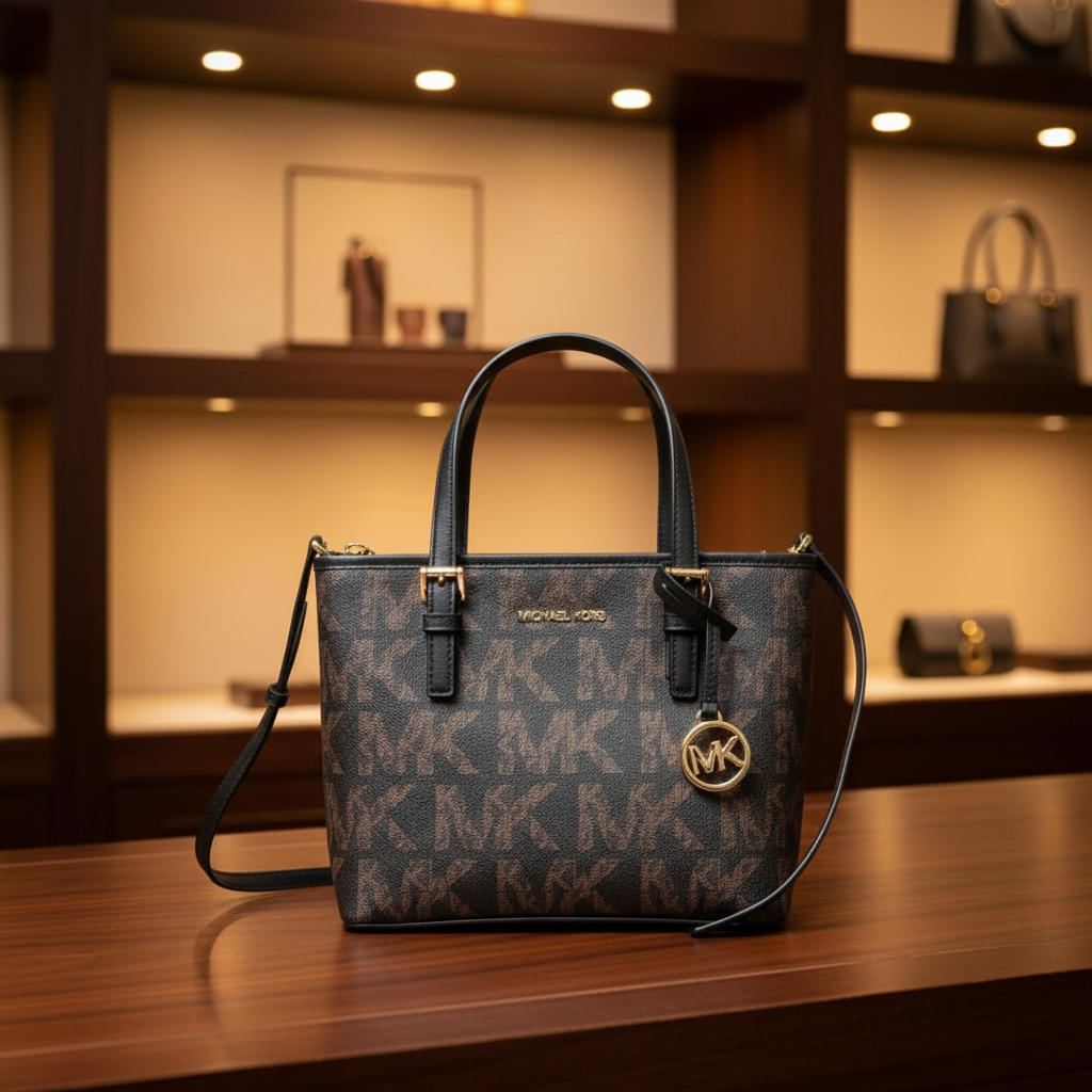 MICHAEL KORS JET SET TRAVEL ZIP TOTE XS LOGO BLACK BROWN COLOR
