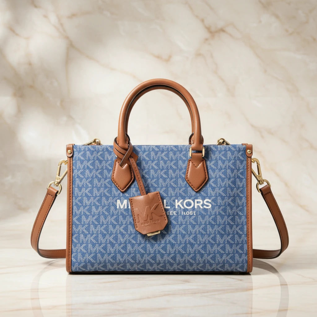 MICHAEL KORS MIRELLA SMALL SHOPPER TOP ZIP CROSSBODY BAG - DENIM MULTI LOGO