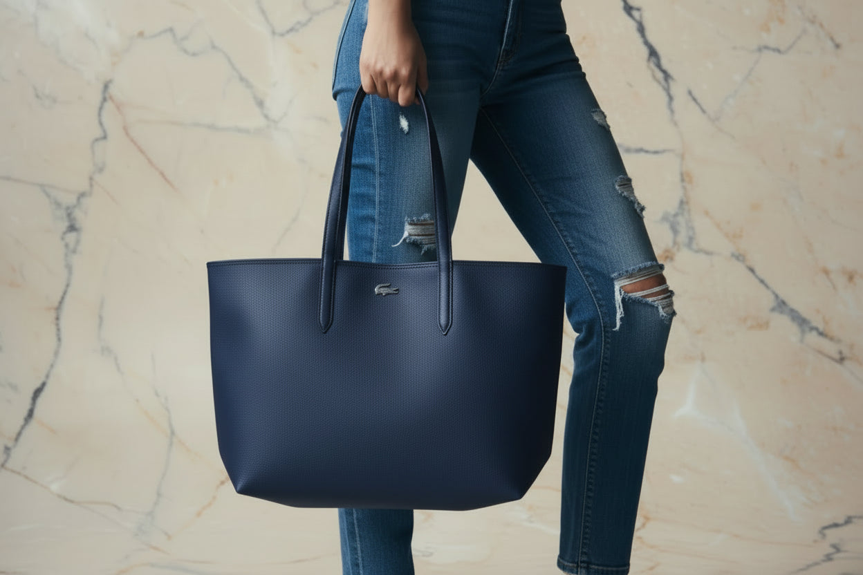 LACOSTE LARGE TOTE WITH LARGE POUCH - REVERSIBLE - NAVY BLUE