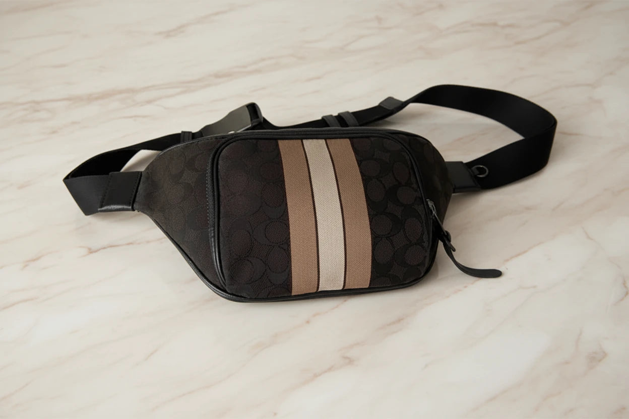 COACH THOMPSON JACQUARD WAISTPACK/BODY BAG WITH VARSITY STRIPE
