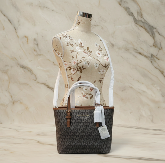 MICHAEL KORS XS JET SET CARRYALL TRAVEL ZIP TOTE - BLACK - BROWN MULTI WITH A TOUCH OF METTALIC GOLD