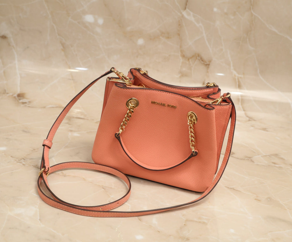 MICHAEL KORS SMALL TEAGEN LEATHER SATCHEL - PEACH