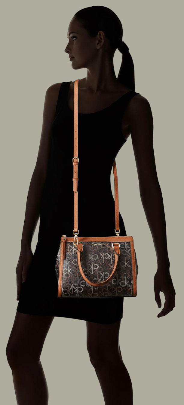CALVIN KLEIN BUNDLE BAG & LONG WALLET JANAE SATCHEL CROSSBODY BAG IN SIGNATURE BROWN