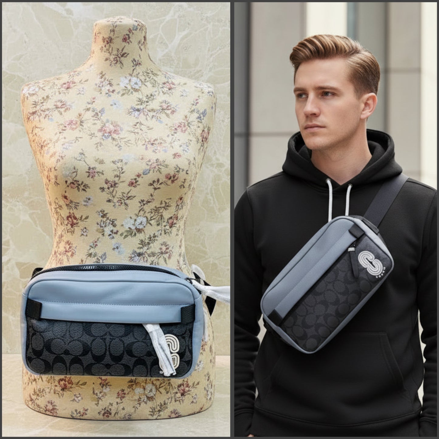 COACH EDGE BODYBAG/CHEST BAG COLORBLOCK BLUE & SIG CHARCOAL BLACK - WITH COAC PATCH