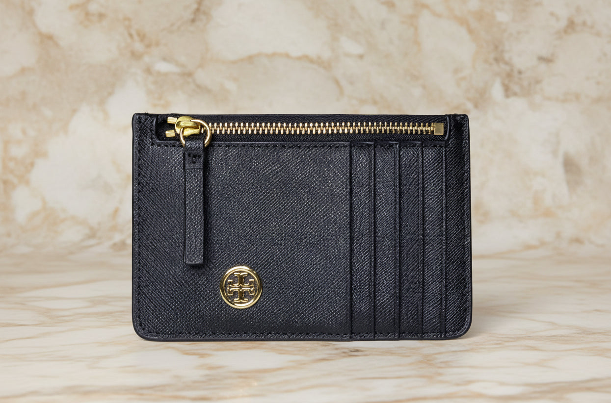 TORY BURCH ROBINSON SLIM LEATHER ZIP-TOP CARD CASE
