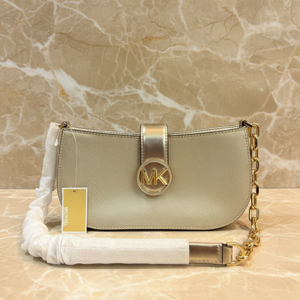 MICHAEL KORS CARMEN POUCHETTE SHOULDER BAG ONLY - PALE GOLD
