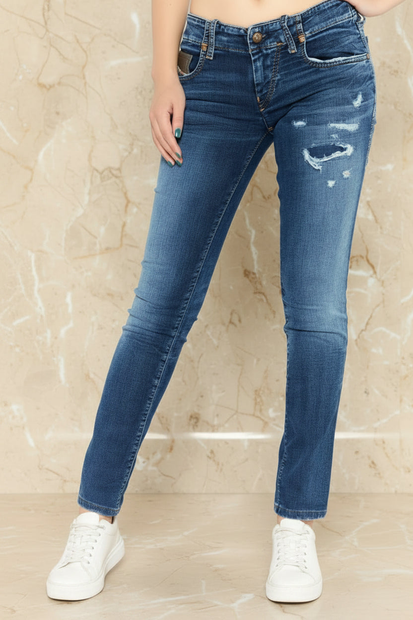 Women Grupee Slim Fit Mid Rise Straight Leg Stretch Jeans, Navy Color