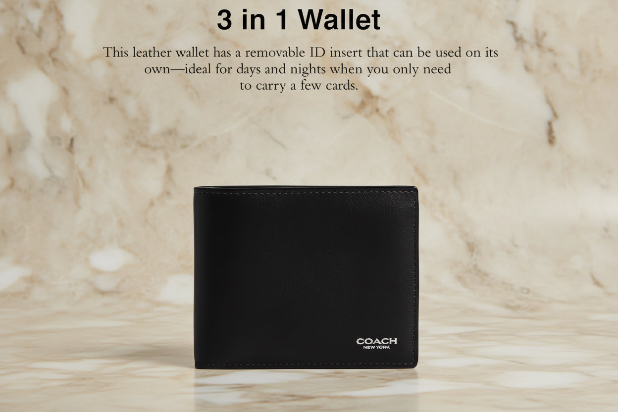 COACH MEN’S 3 in 1 BIFOLD WALLET - WITH INSERT - BLACK