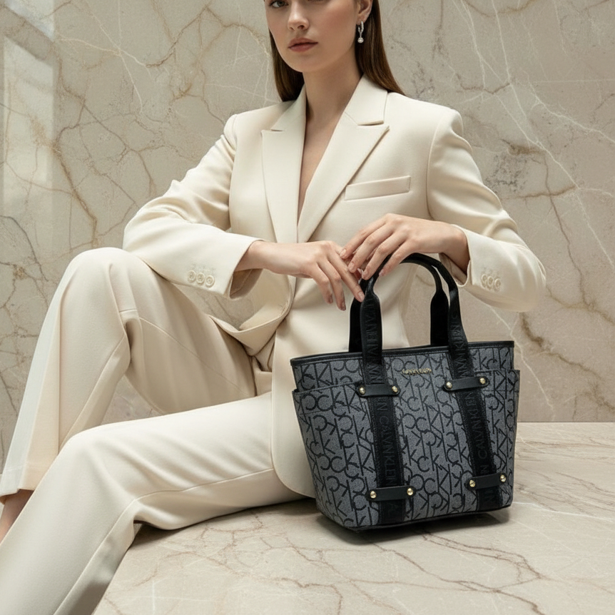 CALVIN KLEIN SATCHEL IN SIGNATURE CHARCOAL BLACK