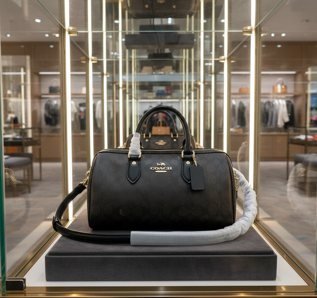 حقيبة كوتش متوسطة الحجم طويلة من قماش الروان - لون الجوز الأسود