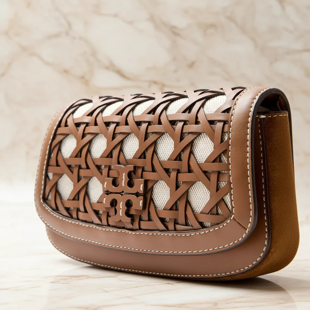 TORY BURCH BRITTEN  BASKET WEAVE CONVERTIBLE CRISSBODY/SHOULDER BAG - MOOSE COLOR