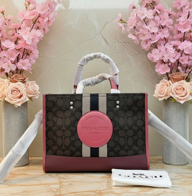 COACH DEMPSEY TOTE CARRYALL MEDIUM IN SIGNATURE JACQUARD CANVAS CENTER STRIPE STRAWBERRY HAZE