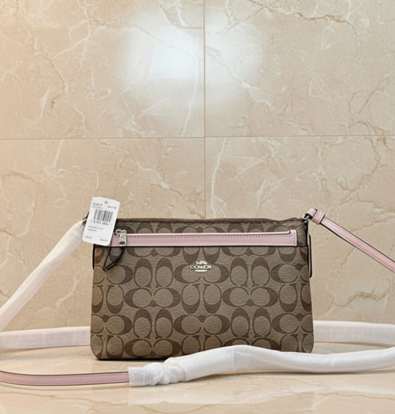 SALE‼️ COACH EAST WEST CROSSBODY WITH POP-UP POUCH KHAKI-PINK - WITH FLAWS/PEELED OFF/SCALED FROM THE CREED INSIDE, SEE PHOTO