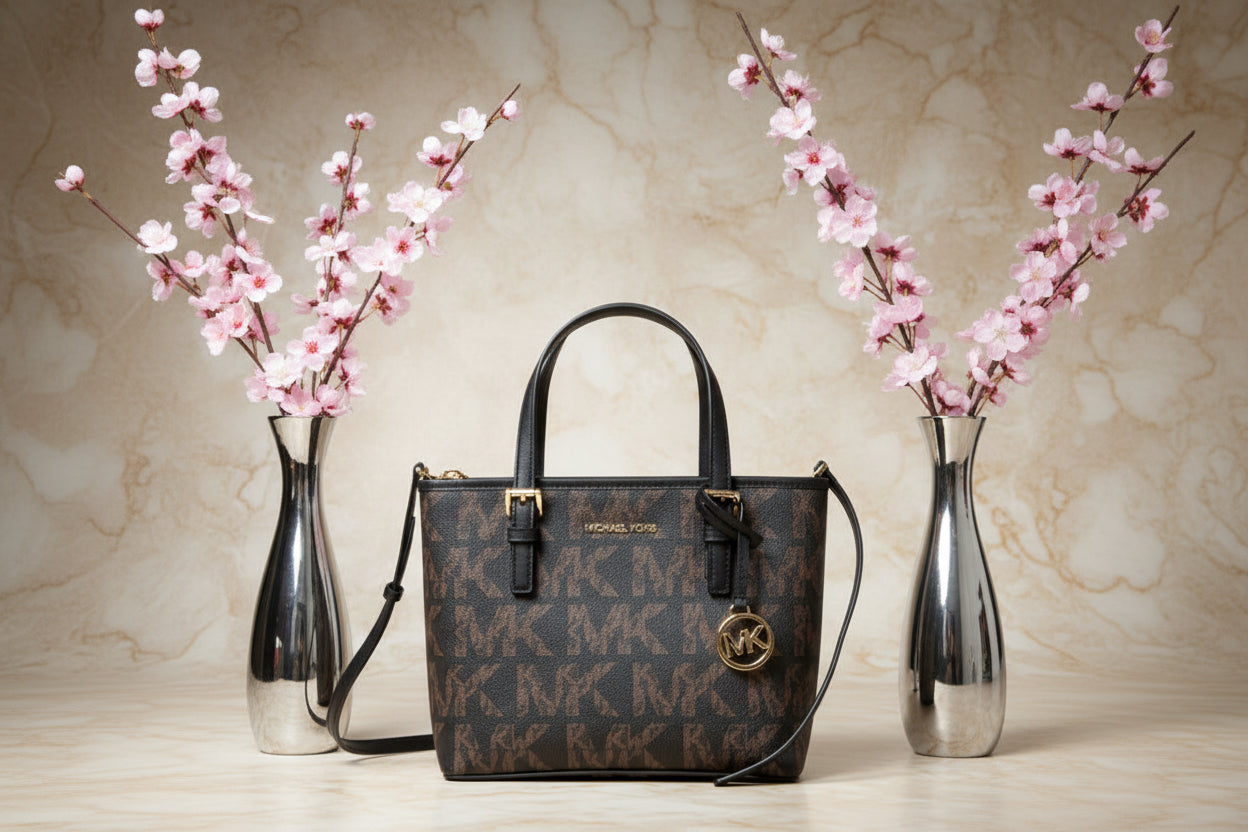 MICHAEL KORS JET SET TRAVEL ZIP TOTE XS LOGO BLACK BROWN COLOR