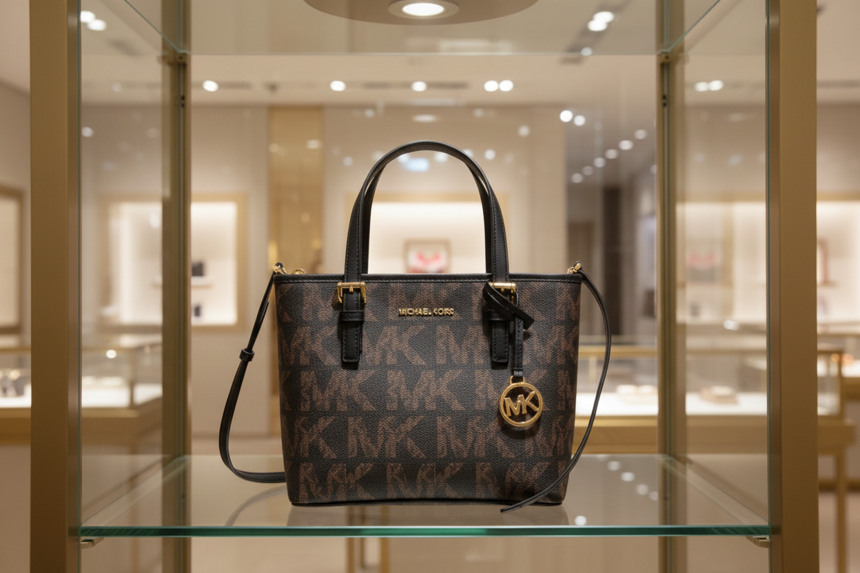 MICHAEL KORS JET SET TRAVEL ZIP TOTE XS LOGO BLACK BROWN COLOR
