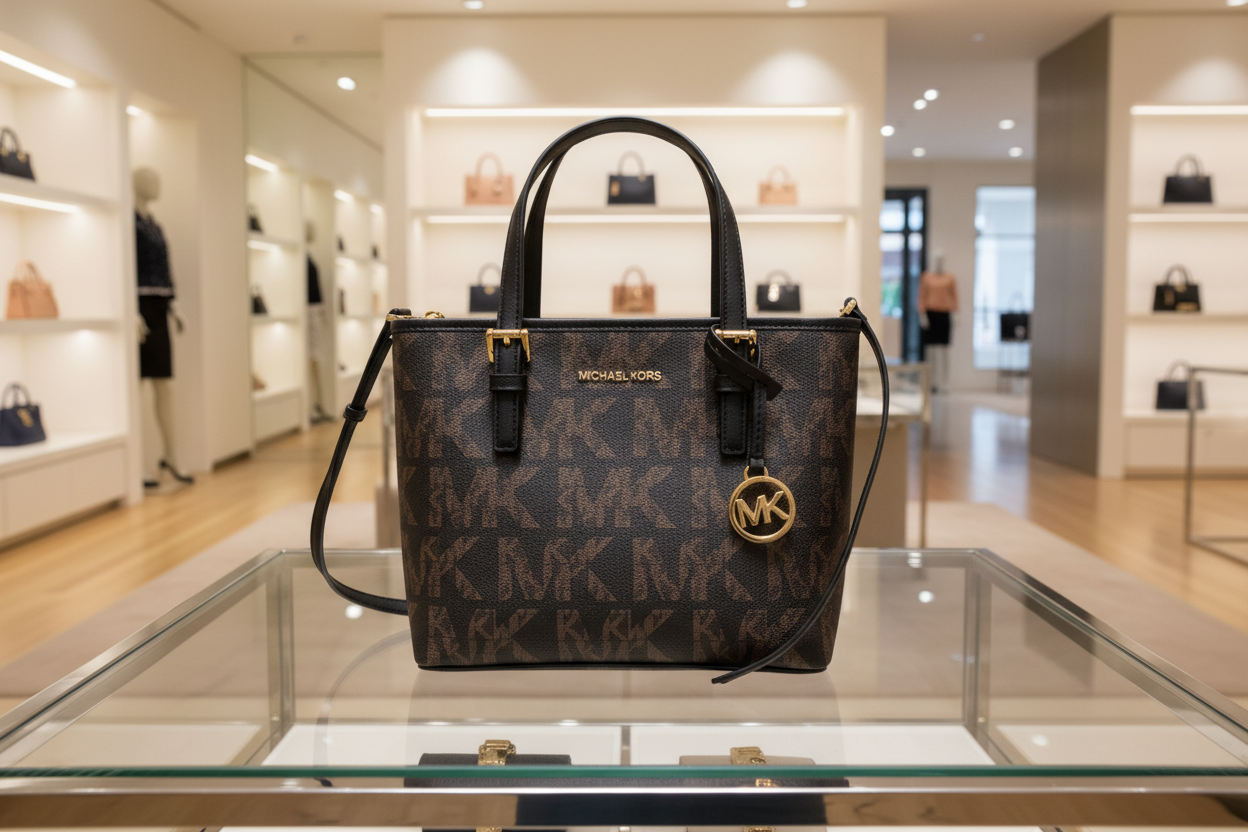 MICHAEL KORS JET SET TRAVEL ZIP TOTE XS LOGO BLACK BROWN COLOR