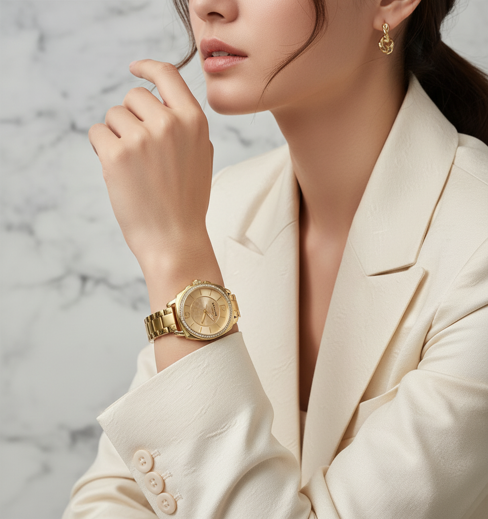 ساعة كوتش بوي فريند ذهبية من الفولاذ المقاوم للصدأ