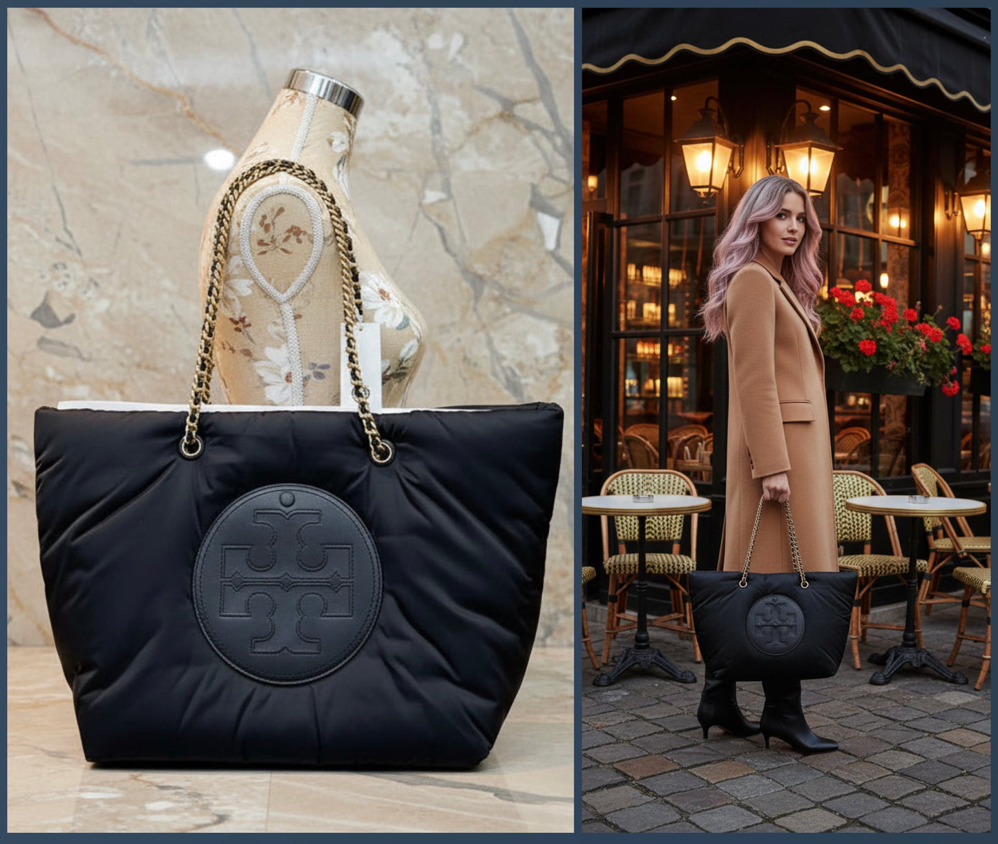 TORY BURCH ELLA PUPPY MAGNETIC CLOSURE CHAIN TOTE - BLACK