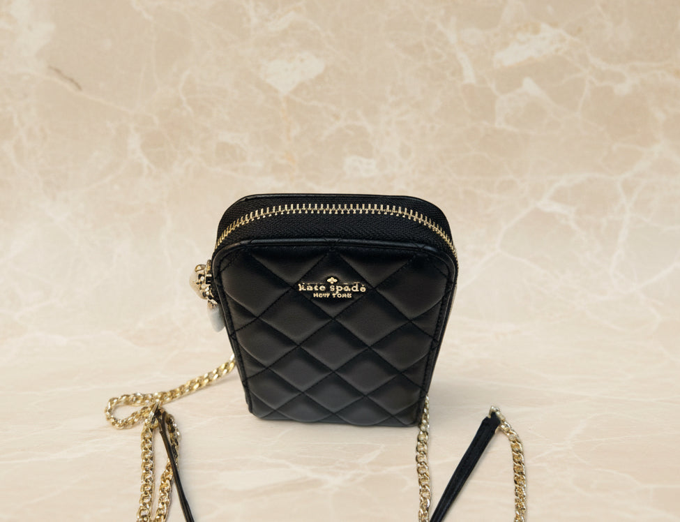 KATE SPADE CAREY NORTH SOUTH ZIP QUILTED PHONE CROSSBODY LEATHER - BLACK