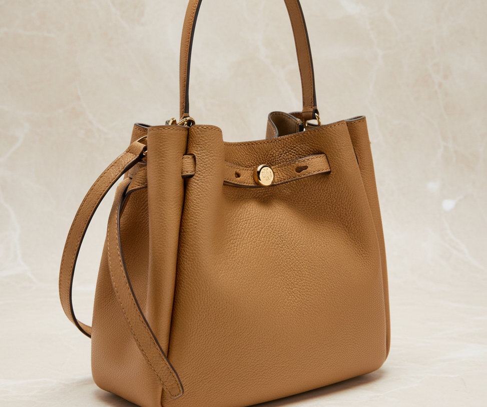 SALE!!! WITH CREASE IN FRONT DUE TO CARGO HANDLING - TORY BURCH SMALL ROMY BUCKET - BROWN