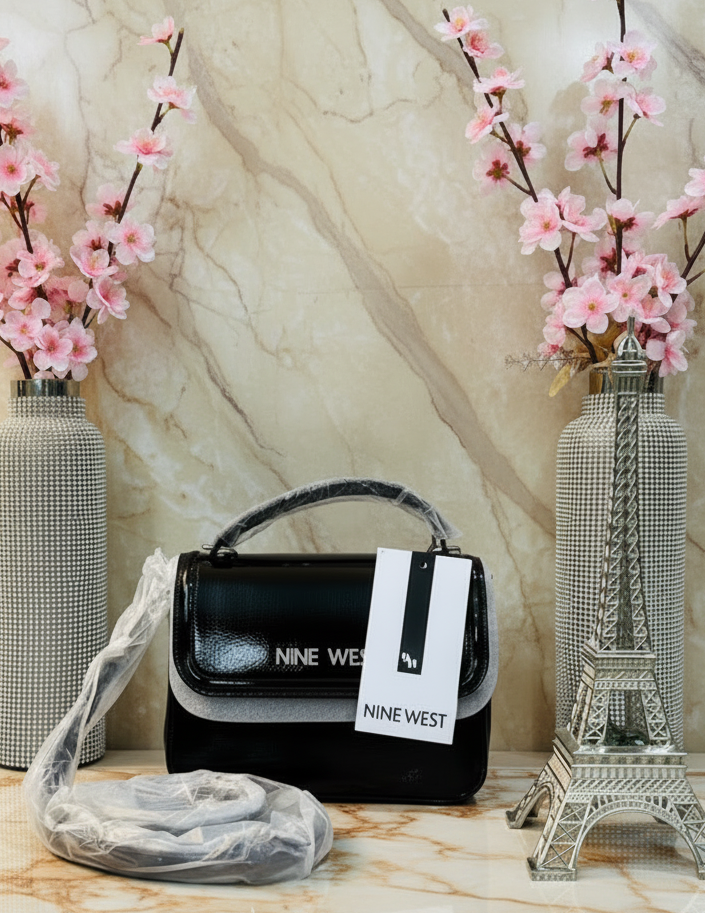 NINE WEST MINI SATCHEL TOP HANDLE/CROSSBODY BAG - PATENT LEATHER - BLACK