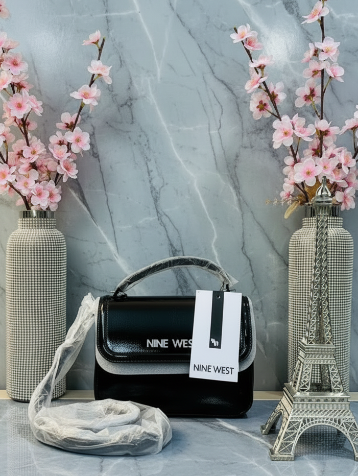 NINE WEST MINI SATCHEL TOP HANDLE/CROSSBODY BAG - PATENT LEATHER - BLACK