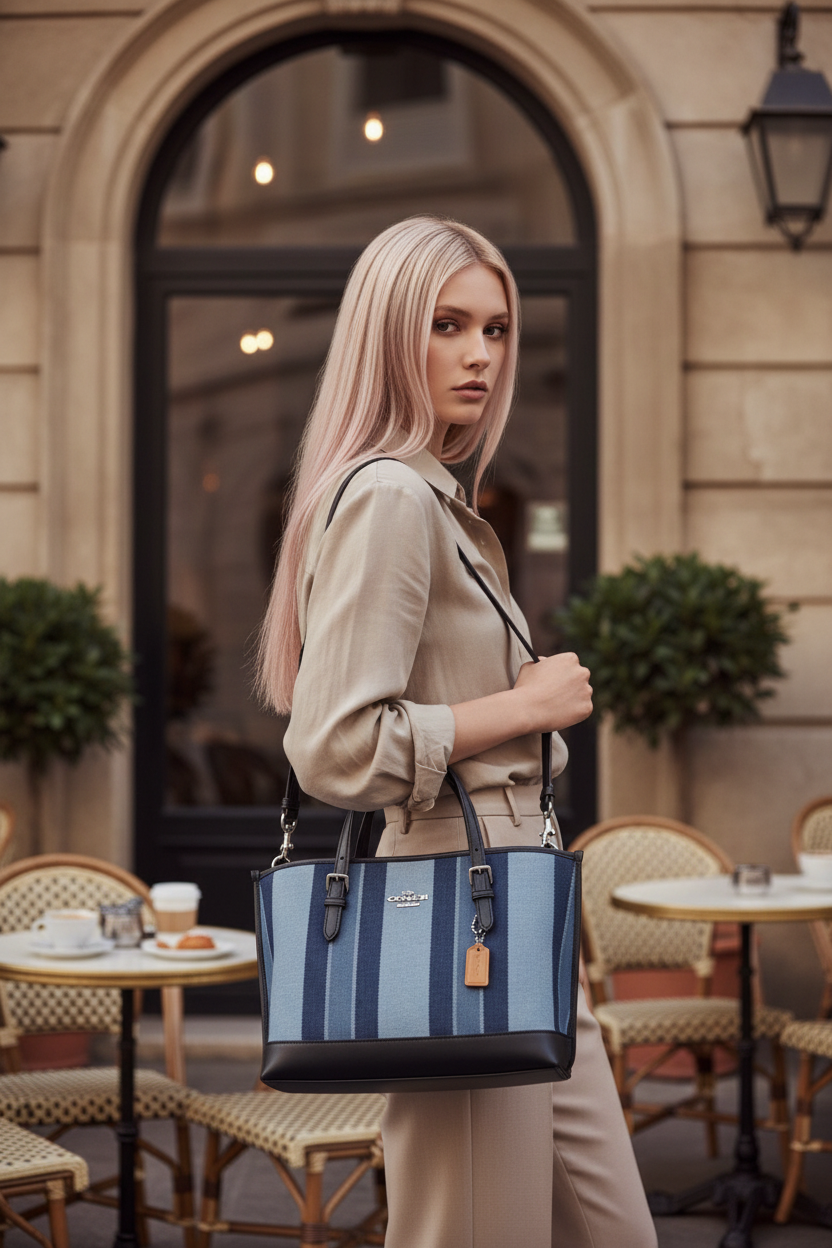 COACH MOLLIE TOTE 25 IN SIGNATURE JACQUARD WITH STRIPES - SILVER/MIDNIGHT MULTI