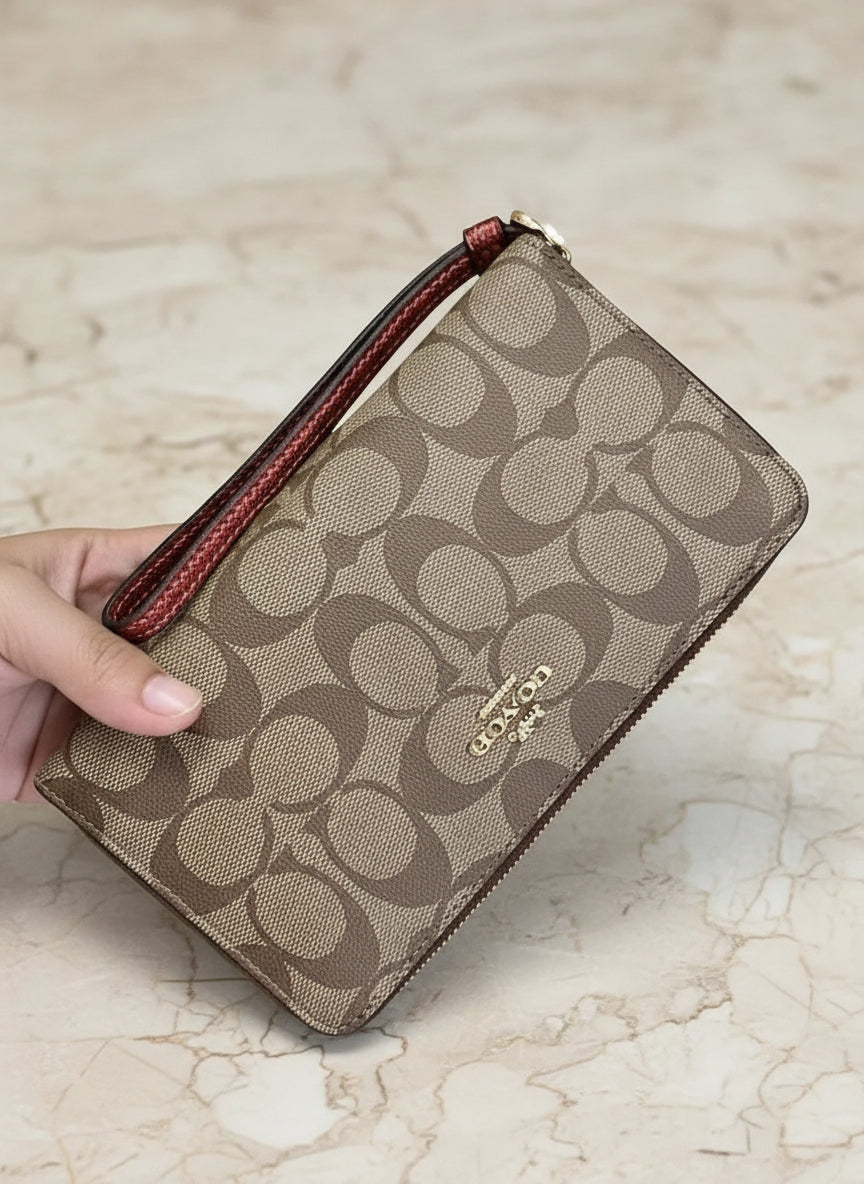 COACH BUNDLE LEWIS SHOULDER BAG/CROSSBODY BAG & ZIP AROUND WRISLET WALLET IN SIGNATURE CANVAS METTALIC CLAY LINING