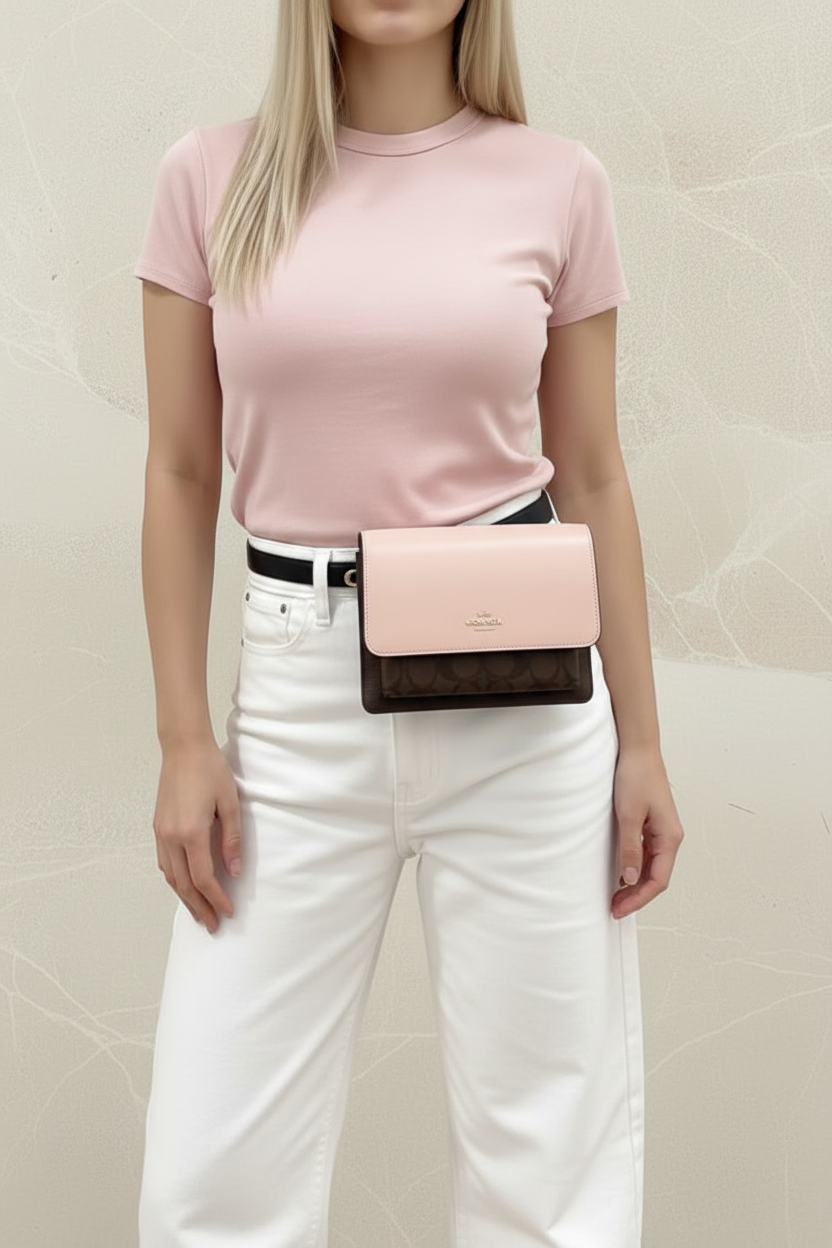 حقيبة كوتش قابلة للطي 3 في 1، حقيبة خصر/حقيبة كروس/حقيبة بودي - لون وردي فاتح، بنقشة جلد الثعبان المميزة