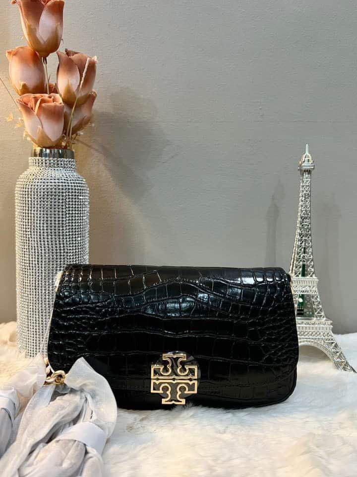 SALE! MISSING 1 BUTTON ON SHOULDER STRAP - TORY BURCH EMBOSSED CROC BRITTEN CONVERTIBLE SHOULDER BAG/XBODY BAG - BLACK