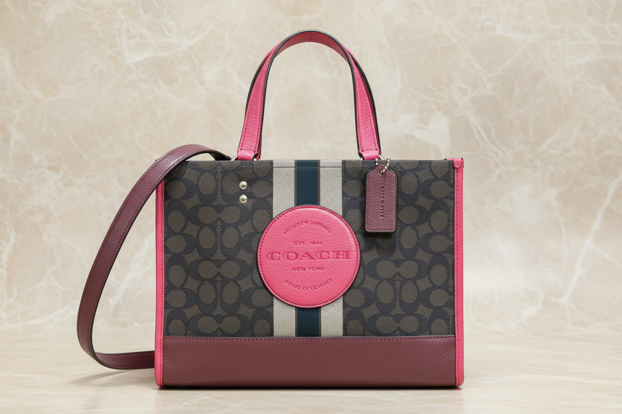 COACH DEMPSEY TOTE CARRYALL MEDIUM IN SIGNATURE JACQUARD CANVAS CENTER STRIPE STRAWBERRY HAZE