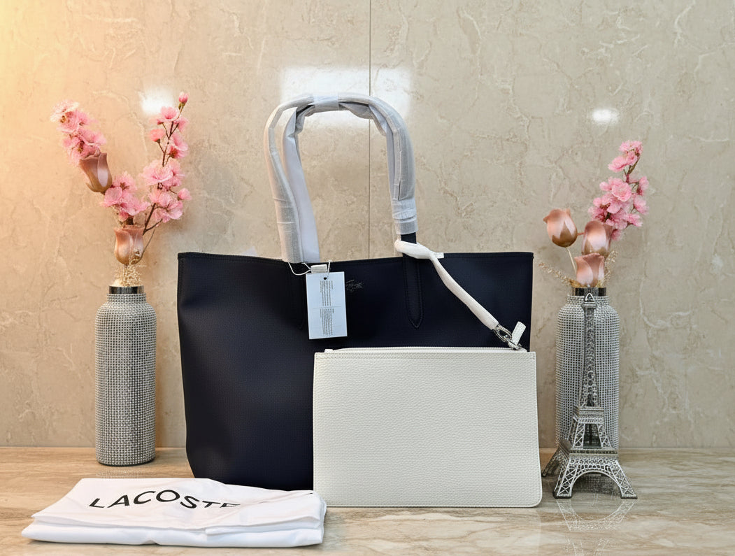 LACOSTE LARGE TOTE WITH LARGE POUCH - REVERSIBLE - NAVY BLUE