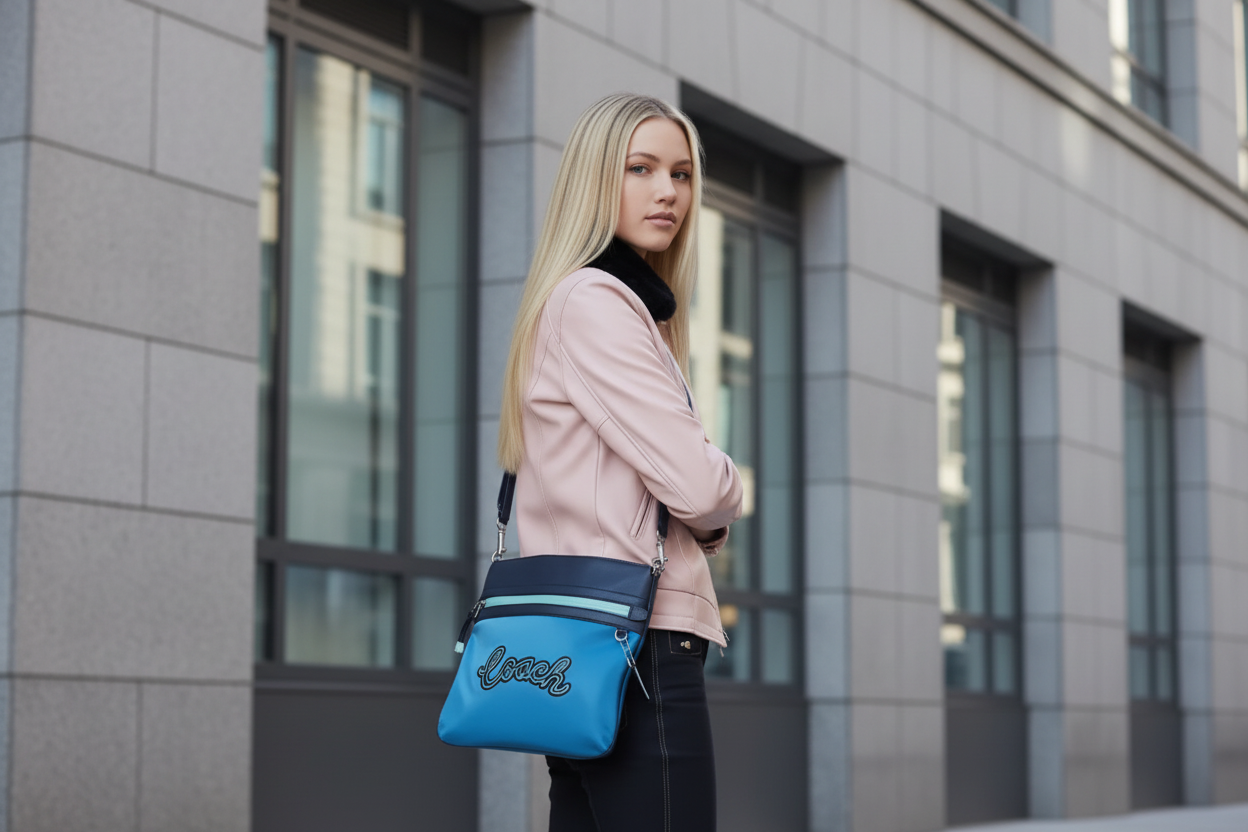 حقيبة كروسبودي من كوتش فال فايل - نايلون/جلد محبب، لون أزرق سماوي متعدد الألوان