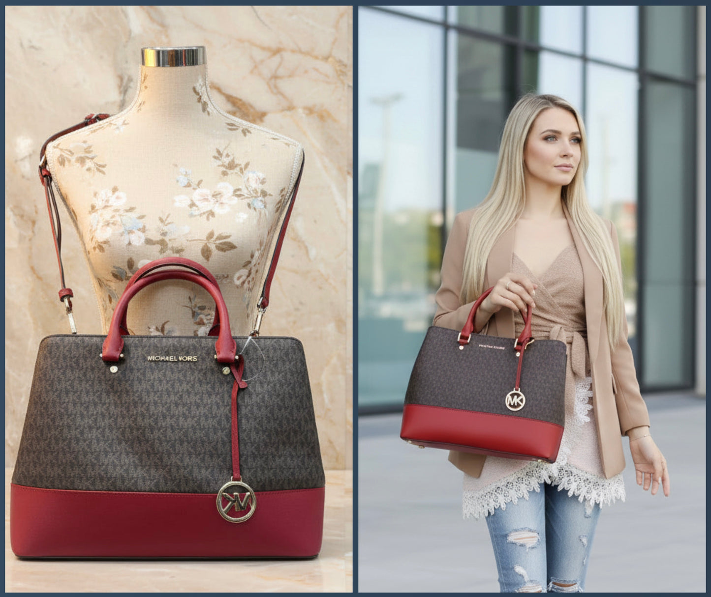 MICHAEL KORS SAVANNAH LARGE SATCHEL IN SIGNATURE BROWN/RED - SCARLET